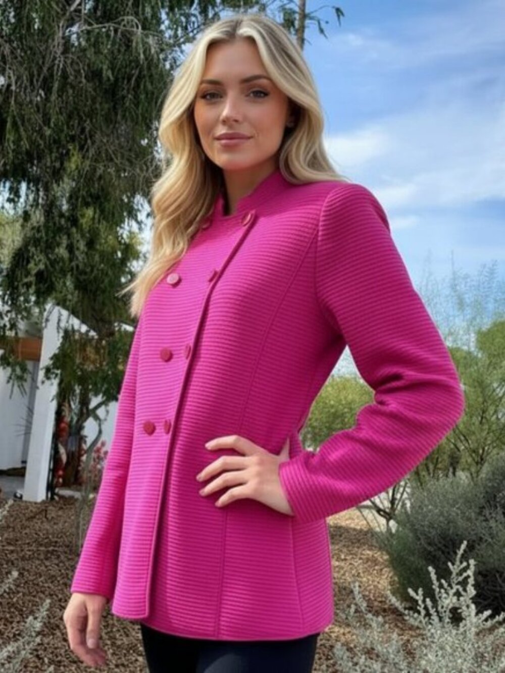 GIORGIO ARMANI Fuchsia Wool Blazer 46 Minimalist Cadet Jacket 90s Italy VINTAGE